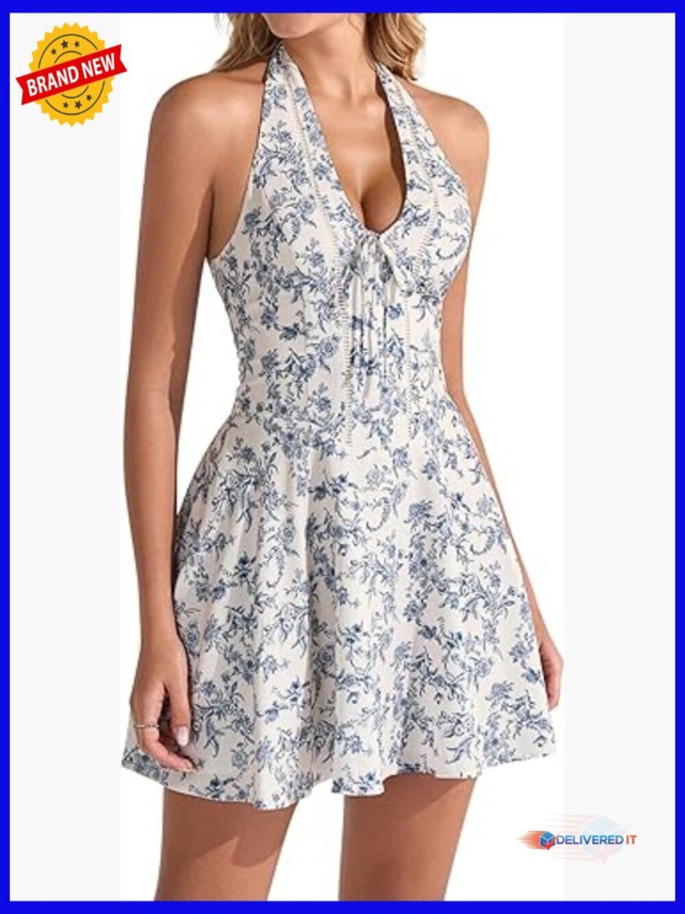 Halter V-Neck Floral Mini Dress, Smocked Back, A-Line, Summer Party